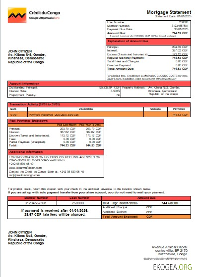 Relevé hypothécaire de la banque Congo Crédit du Congo scr